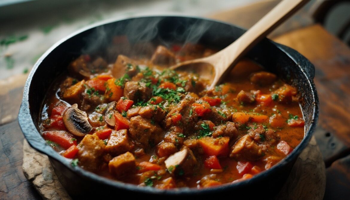 Veganes Gulasch mit Sojaschnetzeln und Pilzen in einem Gusseisentopf mit Petersilie garniert