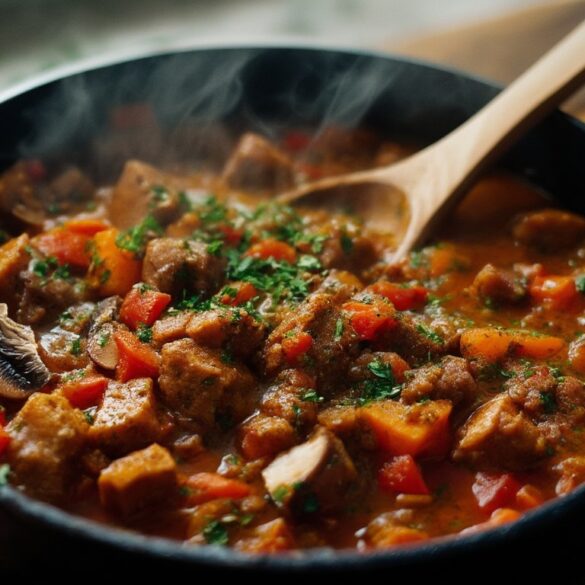 Veganes Gulasch mit Sojaschnetzeln und Pilzen in einem Gusseisentopf mit Petersilie garniert