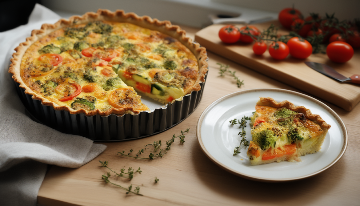 Angeschnittene vegetarische Gemüsequiche in einer Tarteform mit Zucchini, Paprika und Brokkoli, ein Stück auf einem Teller daneben
