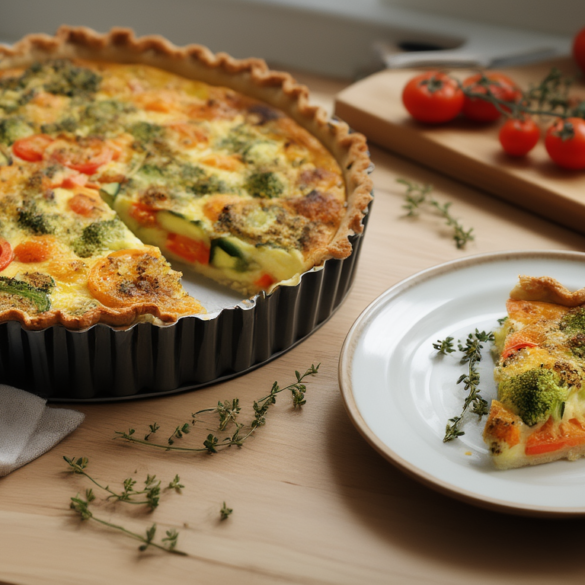 Angeschnittene vegetarische Gemüsequiche in einer Tarteform mit Zucchini, Paprika und Brokkoli, ein Stück auf einem Teller daneben