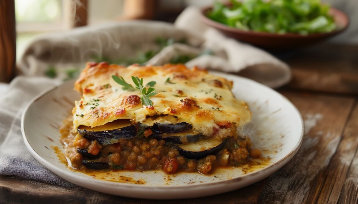 Frisch gebackene vegetarische Moussaka mit Linsen in einer weißen Auflaufform, angeschnitten mit sichtbaren Schichten aus Auberginen, Kartoffeln, Linsenragù und goldener Béchamelsauce