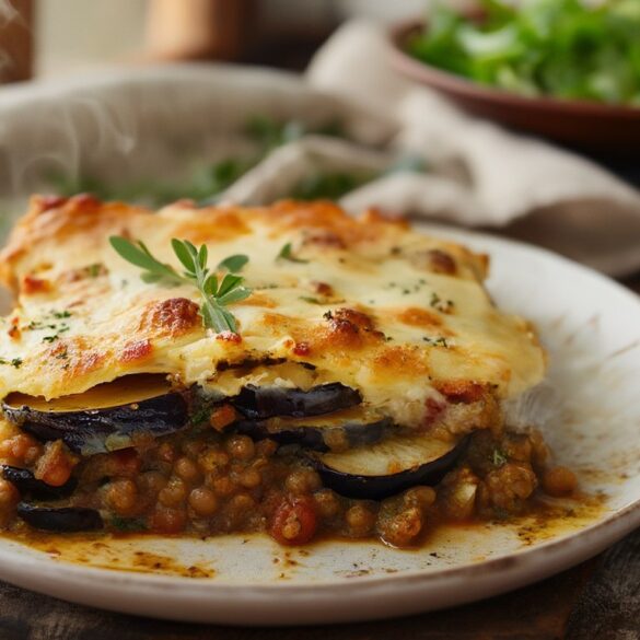 Frisch gebackene vegetarische Moussaka mit Linsen in einer weißen Auflaufform, angeschnitten mit sichtbaren Schichten aus Auberginen, Kartoffeln, Linsenragù und goldener Béchamelsauce
