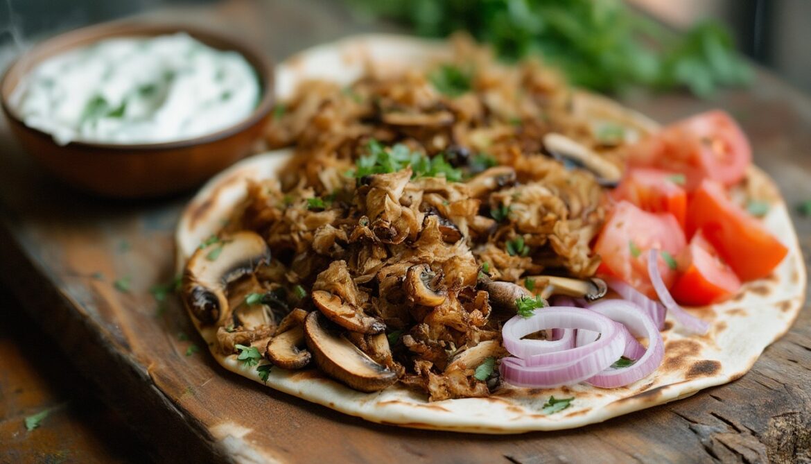 Vegetarisches Gyros aus Kräuterseitlingen auf Fladenbrot mit Tzatziki, Zwiebeln und Tomaten