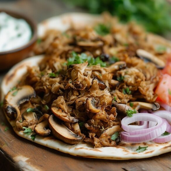 Vegetarisches Gyros aus Kräuterseitlingen auf Fladenbrot mit Tzatziki, Zwiebeln und Tomaten