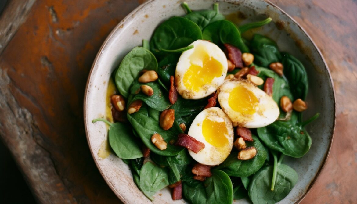Warmer Spinatsalat mit knusprigen Speckwürfeln und halbierten Eiern in einer rustikalen Schüssel