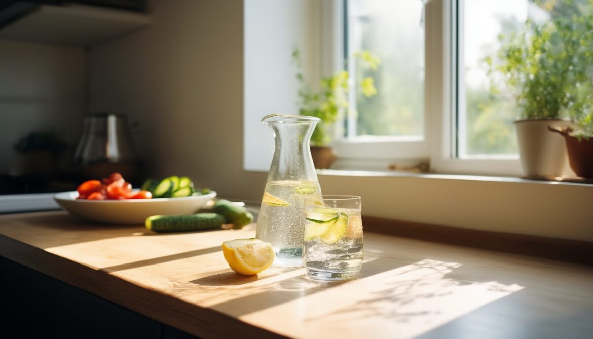 Glaskaraffe mit Wasser, Zitronen- und Gurkenscheiben neben einem halb vollen Wasserglas auf einer hellen Küchenarbeitsplatte