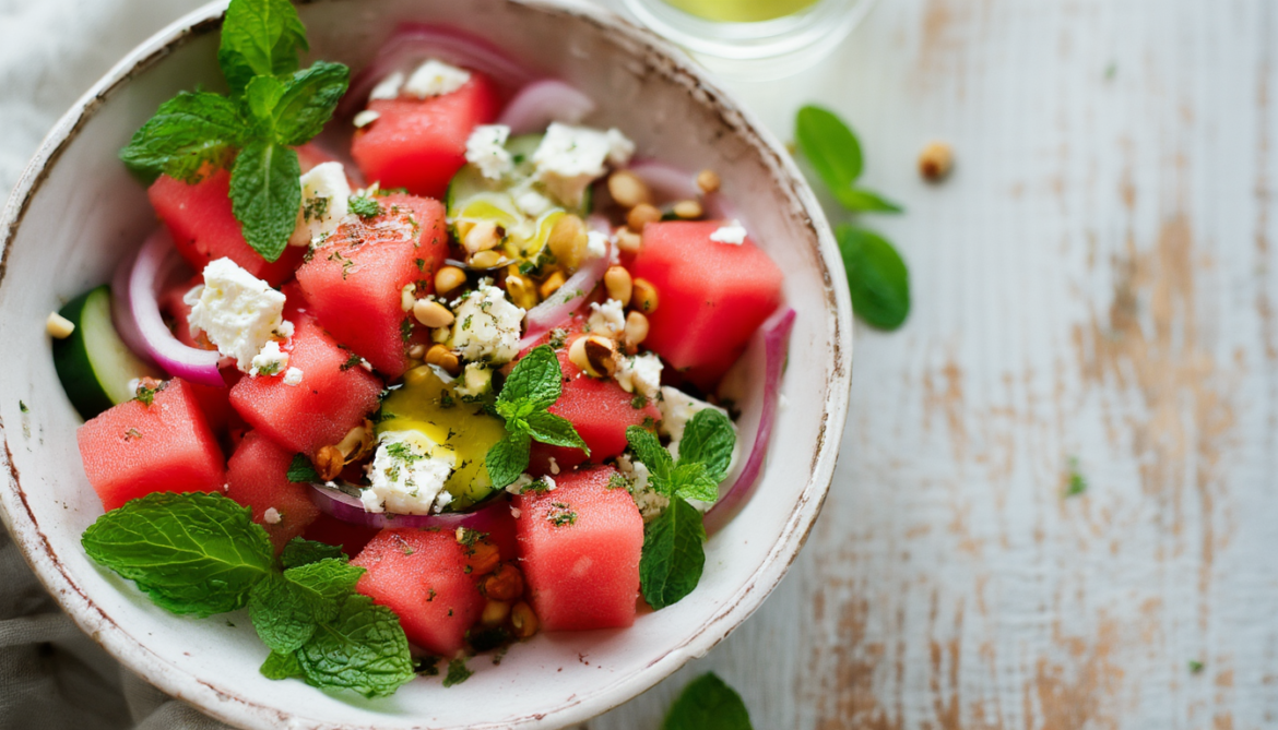 Wassermelonen-Feta-Salat mit Minze, Gurke und Pinienkernen in einer weißen Schüssel