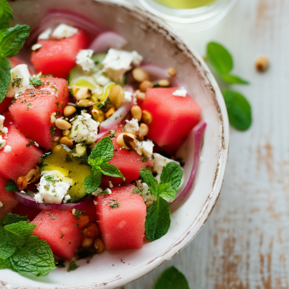 Wassermelonen-Feta-Salat mit Minze, Gurke und Pinienkernen in einer weißen Schüssel