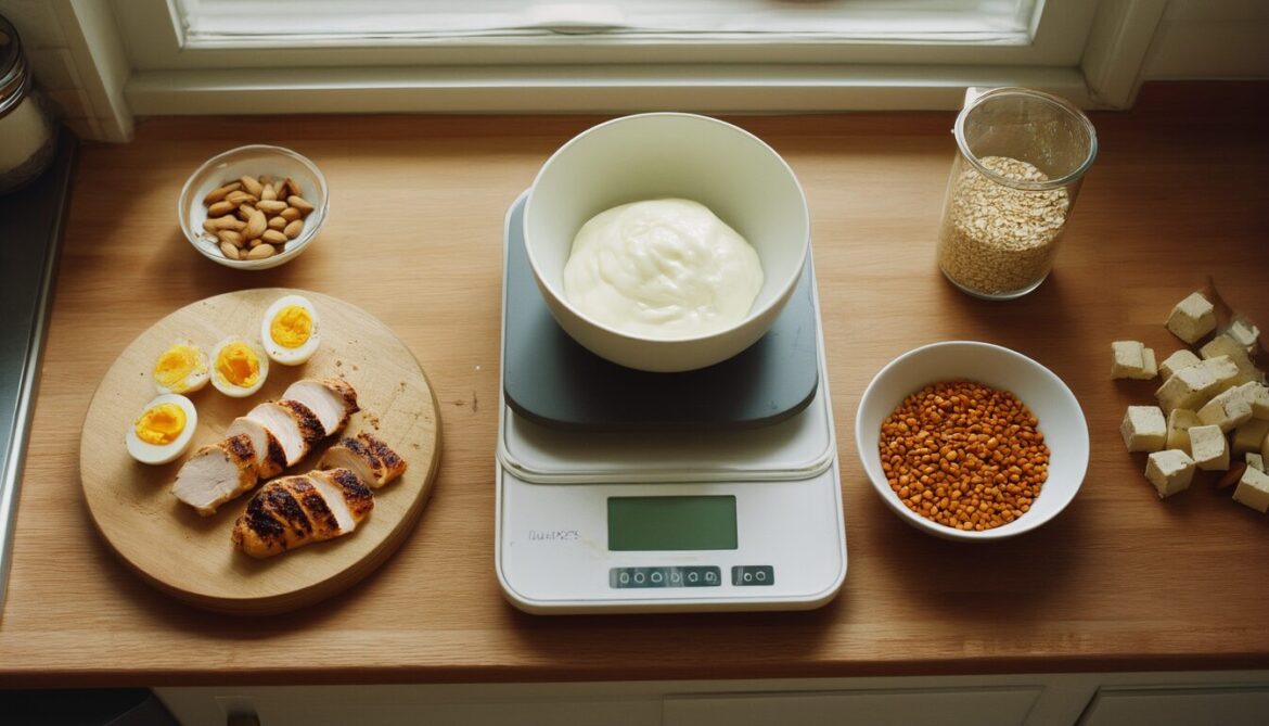 Eiweißreiche Lebensmittel wie Magerquark, Eier, Hähnchenbrust, Linsen, Mandeln und Tofu auf einer Küchenarbeitsplatte neben einer Küchenwaage