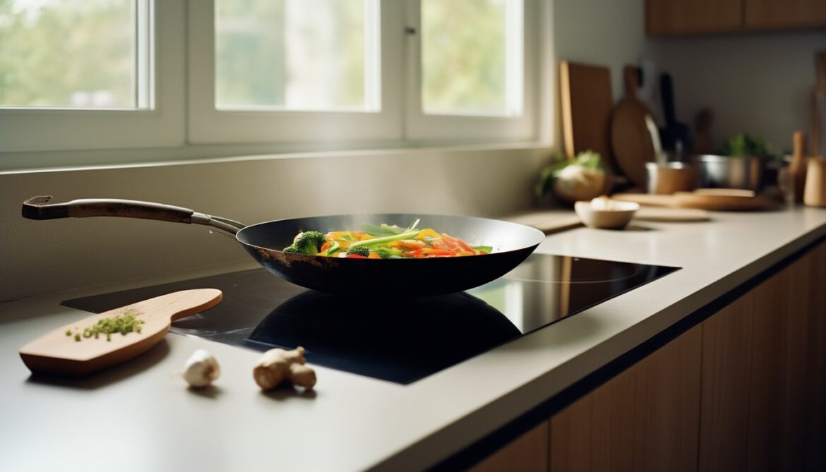 Wok aus Kohlenstoffstahl mit flachem Boden auf einem schwarzen Induktionskochfeld, darin brät buntes Gemüse