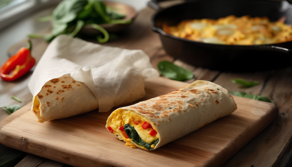 Halbierter Wrap mit Rührei, Paprika und Spinat auf einem Holzbrett, die zweite Hälfte in Backpapier für unterwegs eingewickelt