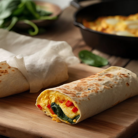 Halbierter Wrap mit Rührei, Paprika und Spinat auf einem Holzbrett, die zweite Hälfte in Backpapier für unterwegs eingewickelt