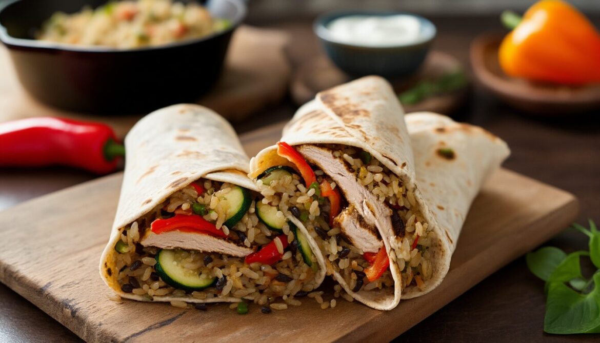 Halbierte Vollkorn-Wraps mit gebratener Putenbrust, Paprika, Zucchini und Basmati-Wildreis auf einem Holzbrett, dahinter eine Pfanne mit Füllung