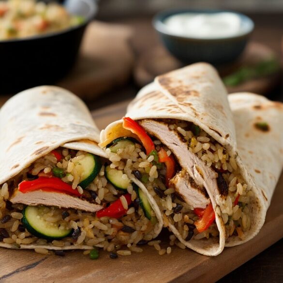 Halbierte Vollkorn-Wraps mit gebratener Putenbrust, Paprika, Zucchini und Basmati-Wildreis auf einem Holzbrett, dahinter eine Pfanne mit Füllung