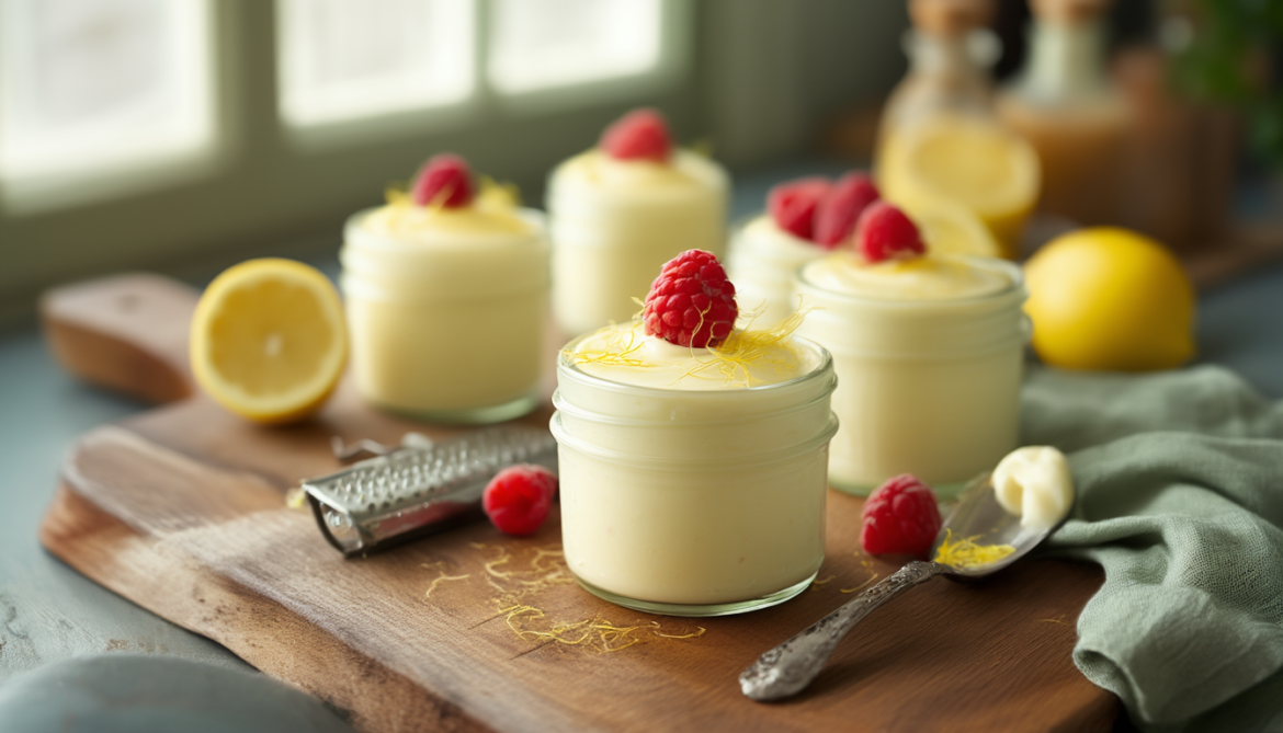 Vier Gläser Zitronencreme mit Mascarpone auf Holzbrett, garniert mit Zitronenabrieb und Himbeeren, daneben halbierte Zitronen