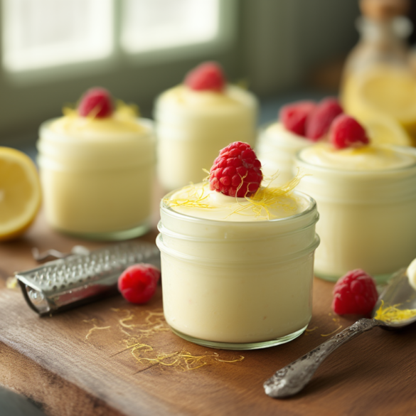 Zitronencreme mit Mascarpone: cremig in 10 Minuten Vier Gläser Zitronencreme mit Mascarpone auf Holzbrett, garniert mit Zitronenabrieb und Himbeeren, daneben halbierte Zitronen