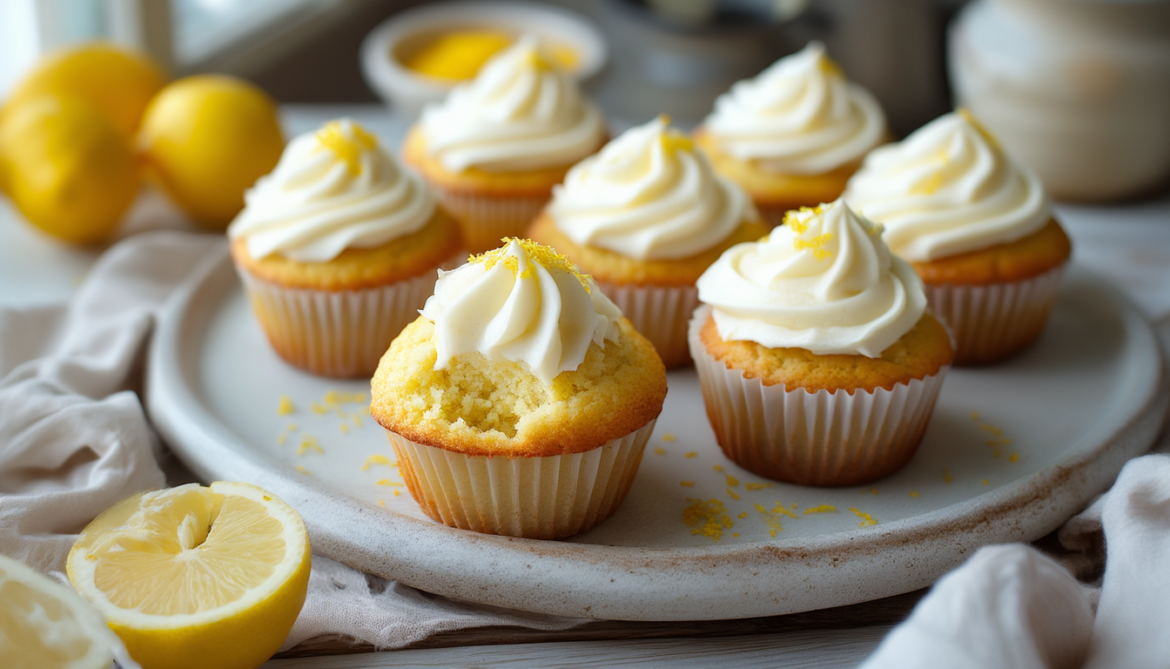 Zitronenmuffins mit aufgespritztem Frischkäse-Topping und frischer Zitronenzeste auf einem hellen Teller, ein Muffin ist aufgebrochen und zeigt die saftige Krume