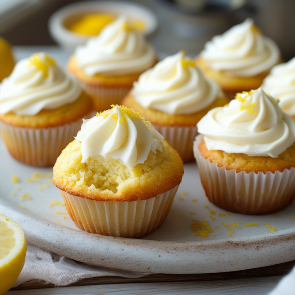 Zitronenmuffins mit aufgespritztem Frischkäse-Topping und frischer Zitronenzeste auf einem hellen Teller, ein Muffin ist aufgebrochen und zeigt die saftige Krume
