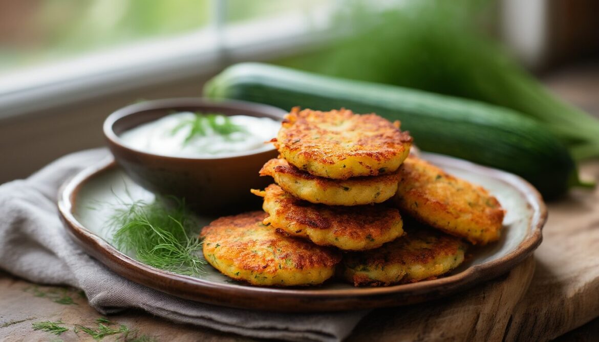 Goldbraune knusprige vegetarische Zucchinipuffer auf einem Teller mit Kräuterdip