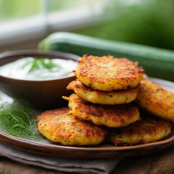 Goldbraune knusprige vegetarische Zucchinipuffer auf einem Teller mit Kräuterdip