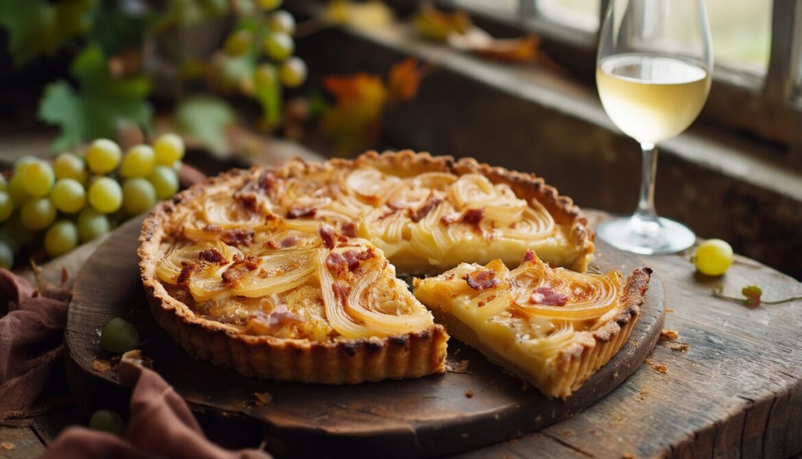 Herzhafter Zwiebelkuchen vom Blech mit Speck und Zwiebeln, daneben ein Glas Federweißer im herbstlichen Licht