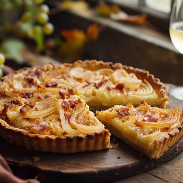 Herzhafter Zwiebelkuchen vom Blech mit Speck und Zwiebeln, daneben ein Glas Federweißer im herbstlichen Licht