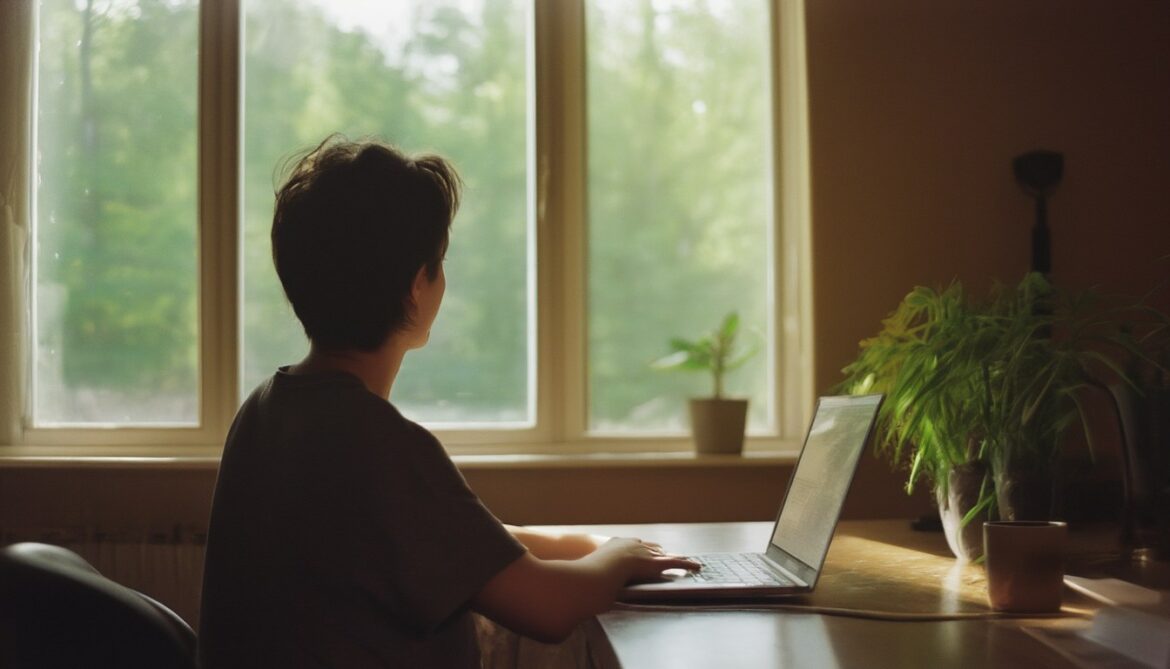 Person macht am Schreibtisch eine kurze Augenpause und blickt vom Laptop aus dem Fenster in die Ferne