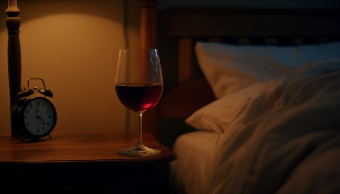 Glas Rotwein auf einem Nachttisch neben einem Bett im gedämpften Abendlicht