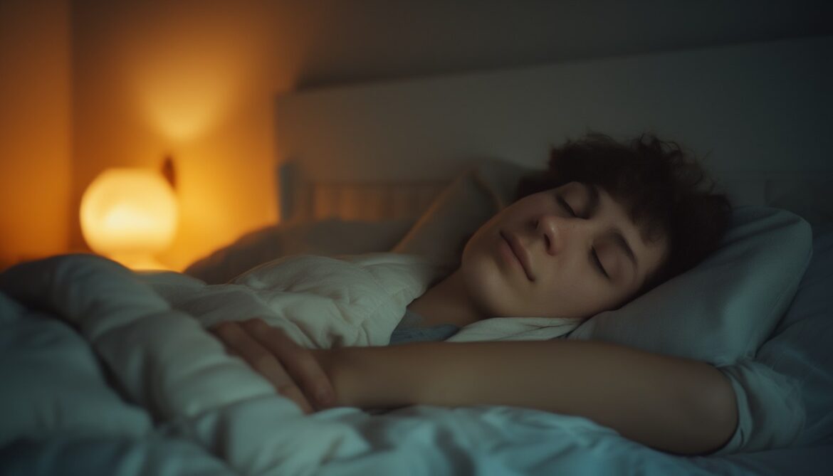 Entspannte Person liegt mit geschlossenen Augen beim autogenen Training auf dem Bett im gedämpften Abendlicht