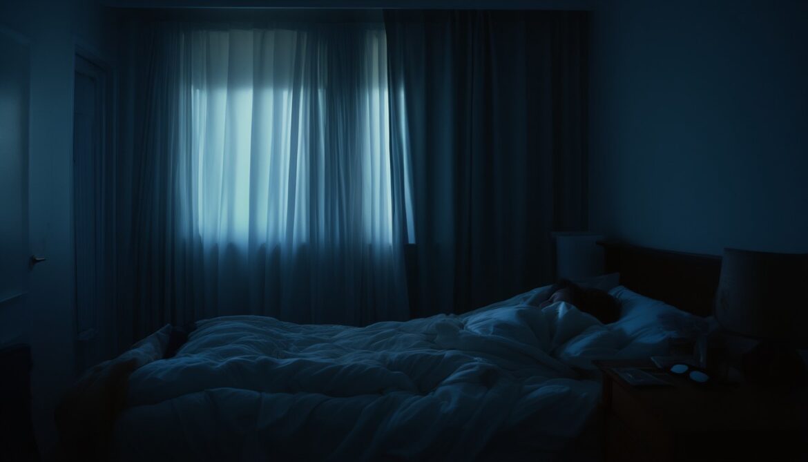 Person schläft tagsüber in einem abgedunkelten Schlafzimmer mit Verdunklungsvorhängen trotz Schichtarbeit