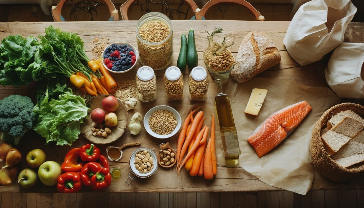 Wocheneinkauf für einen Ernährungsplan, nach Lebensmittelgruppen sortiert: Gemüse, Obst, Hülsenfrüchte, Vollkornbrot, Milchprodukte, Lachs und Nüsse auf einem Holztisch