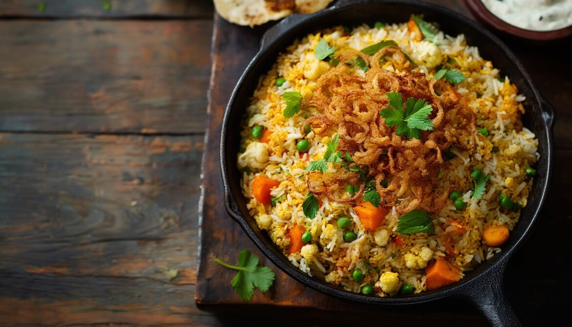 Gemüse-Biryani: würziger Reistopf mit Röstzwiebeln