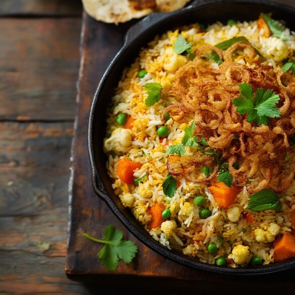 Gemüse-Biryani: würziger Reistopf mit Röstzwiebeln
