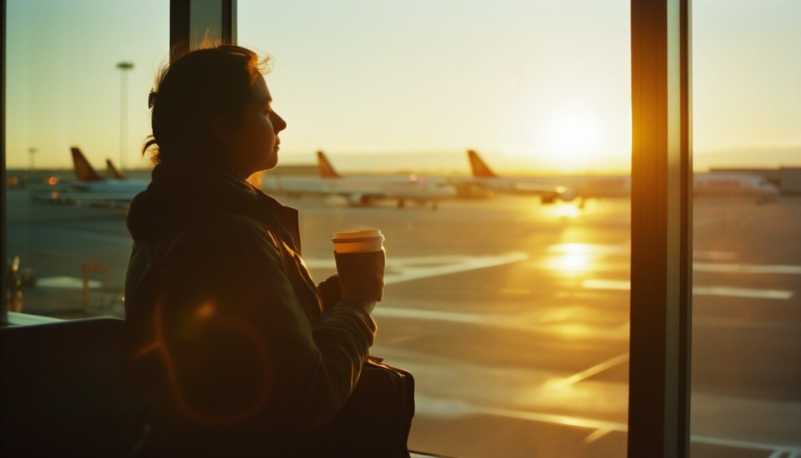 Erholte reisende Person am Flughafenfenster im Morgenlicht mit Kaffee