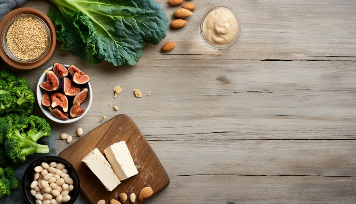 Auswahl kalziumreicher Lebensmittel ohne Milch wie Sesam, Tofu, Grünkohl, Mandeln und getrocknete Feigen auf einem Holztisch