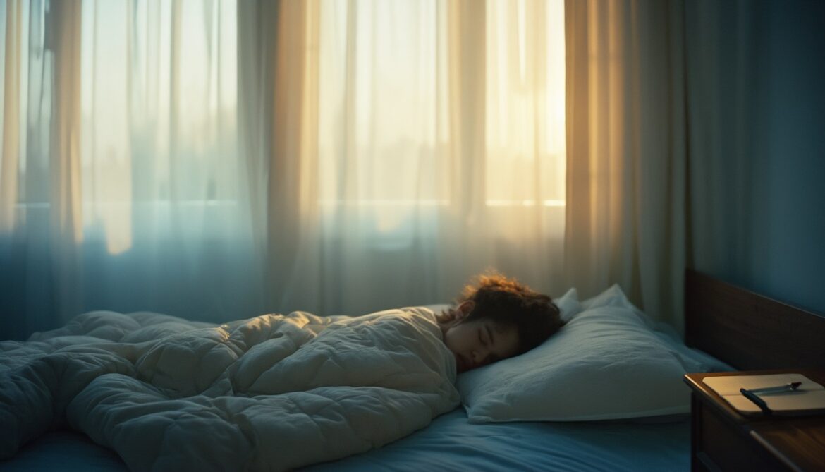 Person schläft friedlich im morgendlichen Schlafzimmer, daneben ein aufgeschlagenes Traumtagebuch auf dem Nachttisch
