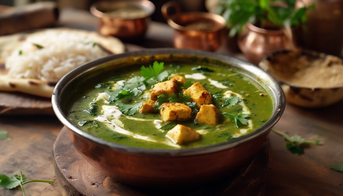 Schale mit cremigem grünem Palak Paneer, indisches Spinat-Curry mit goldbraunen Paneer-Würfeln, dazu Reis und Naan