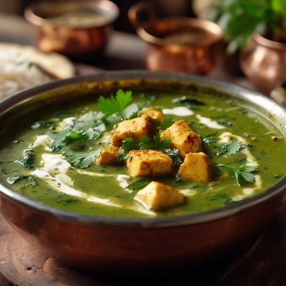 Schale mit cremigem grünem Palak Paneer, indisches Spinat-Curry mit goldbraunen Paneer-Würfeln, dazu Reis und Naan