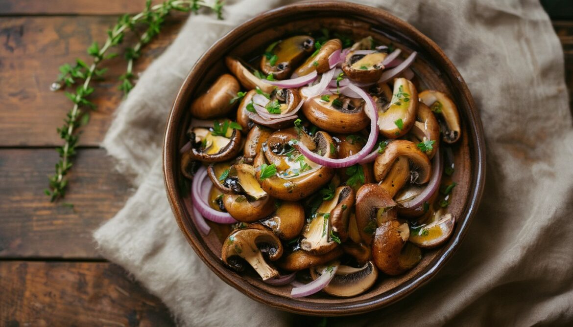 Marinierter Pilzsalat mit braunen Champignons, roten Zwiebelringen und frischen Kräutern in einer rustikalen Schale