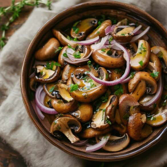 Marinierter Pilzsalat mit braunen Champignons, roten Zwiebelringen und frischen Kräutern in einer rustikalen Schale