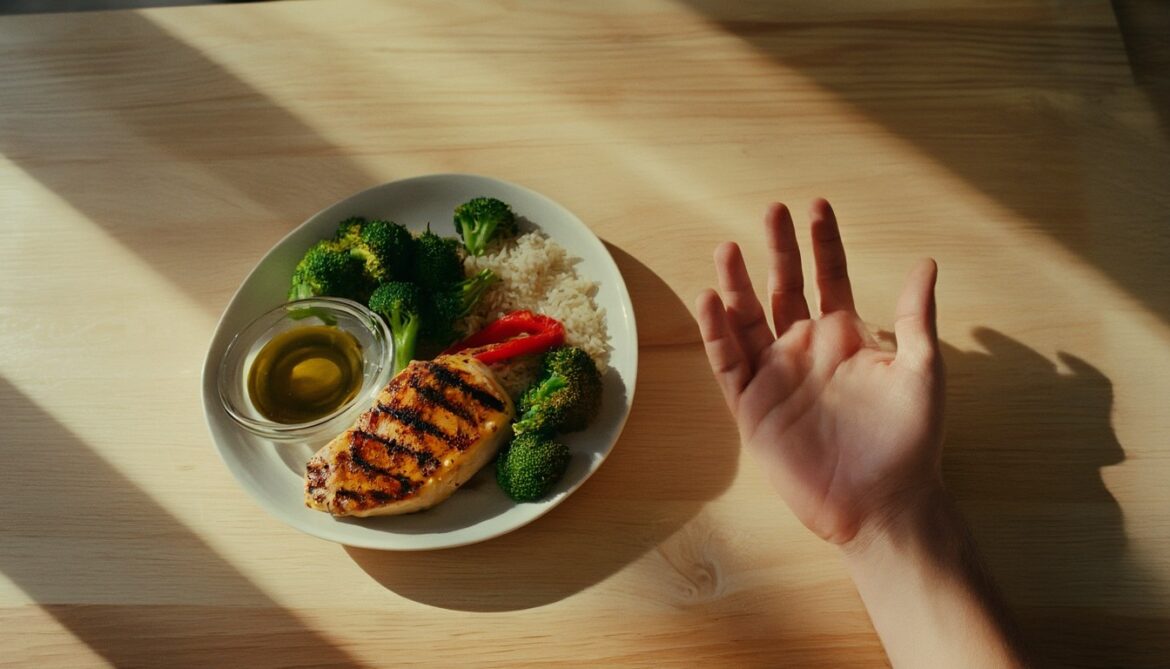 Offene Hand neben einem ausgewogenen Teller mit Hähnchen, Gemüse, Reis und Öl als Vergleich für Portionsgrößen