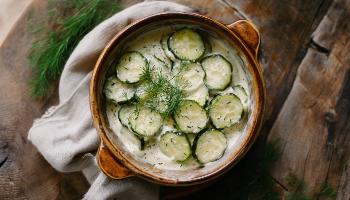 Cremige Schmorgurken mit frischem Dill in einer rustikalen Schüssel