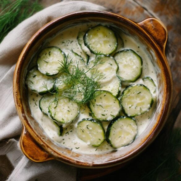 Schmorgurken mit Dill: cremige Beilage wie von Oma Cremige Schmorgurken mit frischem Dill in einer rustikalen Schüssel