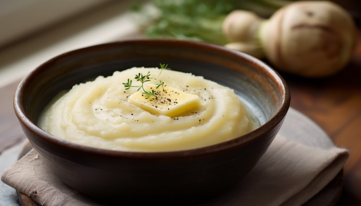 Cremiges Selleriepüree in einer dunklen Schale mit zerlaufender Butter und frischem Thymian als Beilage