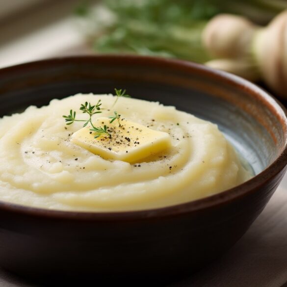 Selleriepüree: cremige Beilage ohne Kartoffeln Cremiges Selleriepüree in einer dunklen Schale mit zerlaufender Butter und frischem Thymian als Beilage