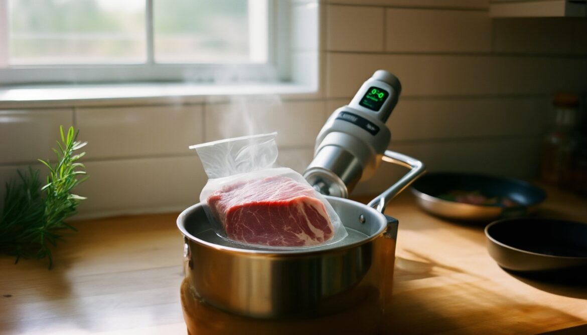 Vakuumiertes Steak im Wasserbad mit eingehängtem Sous-vide-Stick auf einer Küchenarbeitsplatte