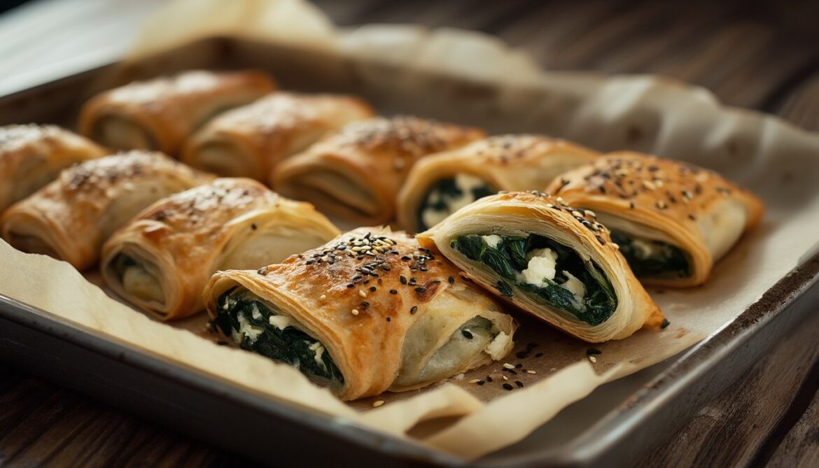 Goldbraune Spinat-Feta-Börek-Röllchen mit Sesam und Schwarzkümmel frisch aus dem Ofen auf einem Backblech