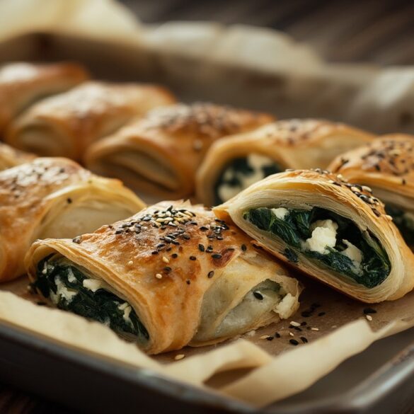 Spinat-Feta-Börek aus dem Ofen (vegetarisch) Goldbraune Spinat-Feta-Börek-Röllchen mit Sesam und Schwarzkümmel frisch aus dem Ofen auf einem Backblech