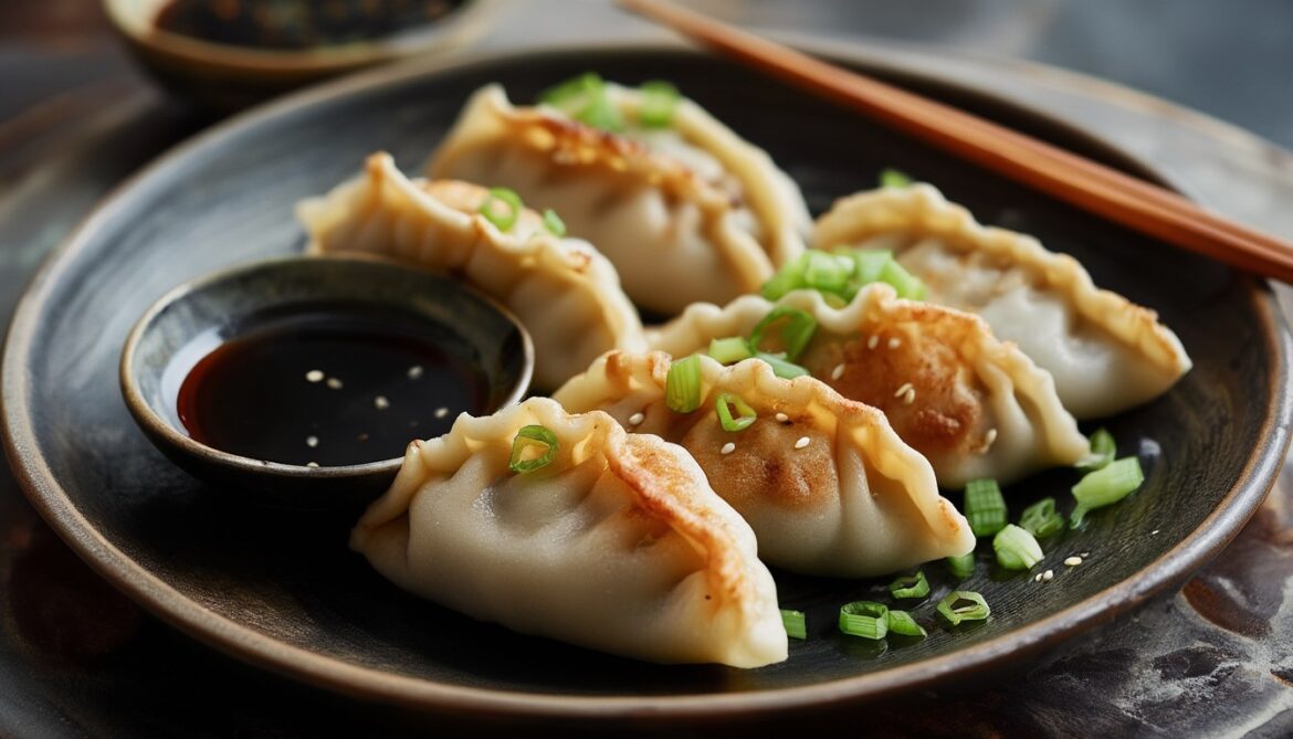 Knusprig gebratene vegane Gyoza mit goldbraunem Boden auf dunklem Teller, garniert mit Frühlingszwiebeln und Sesam, dazu eine Schale Sojasauce