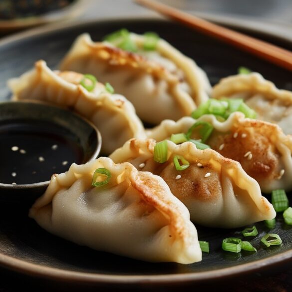 Knusprig gebratene vegane Gyoza mit goldbraunem Boden auf dunklem Teller, garniert mit Frühlingszwiebeln und Sesam, dazu eine Schale Sojasauce